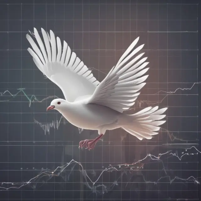 Dove symbolizing profit-taking soaring over financial charts, influenced by shifting economic indicators. Illustrating pullbacks in the market.