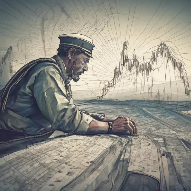 A sailor steers through choppy waters, charting trends and identifying pullbacks using trendlines, moving averages, Fibonacci retracements, and Bollinger bands.