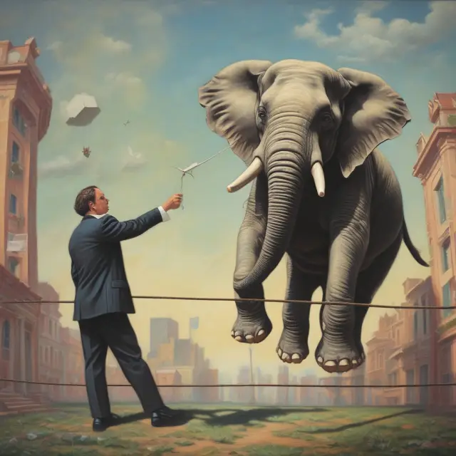 A government economist paints an elephant on a tightrope to illustrate Keynesian economic theory and the concept of pump priming