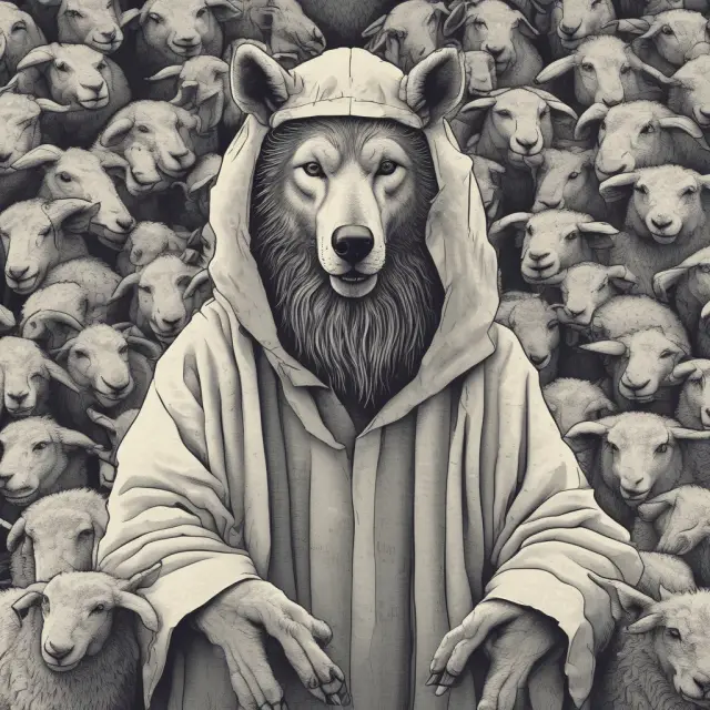 A cunning wolf, disguised as a sheep among other innocent lambs, manipulates unsuspecting investors through false promises and pressure to act quickly on a financial market platform