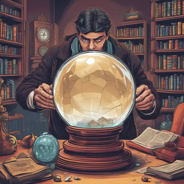 A fraudster tries to manipulate a crystal ball filled with volatile tokens, as investors read research materials and conduct due diligence.