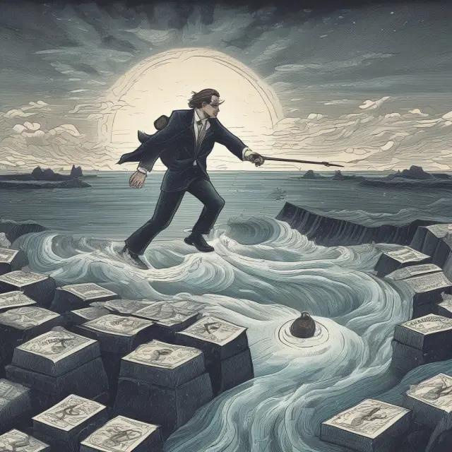 An investor paddling in a rowboat through choppy waters, using the compass of