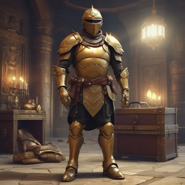 Lender protected by PMSI contracts, holding a shield and standing beside a treasure chest