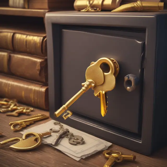 A golden key unlocking a safe containing inventory items, loan documents, and a UCC-1 financing statement