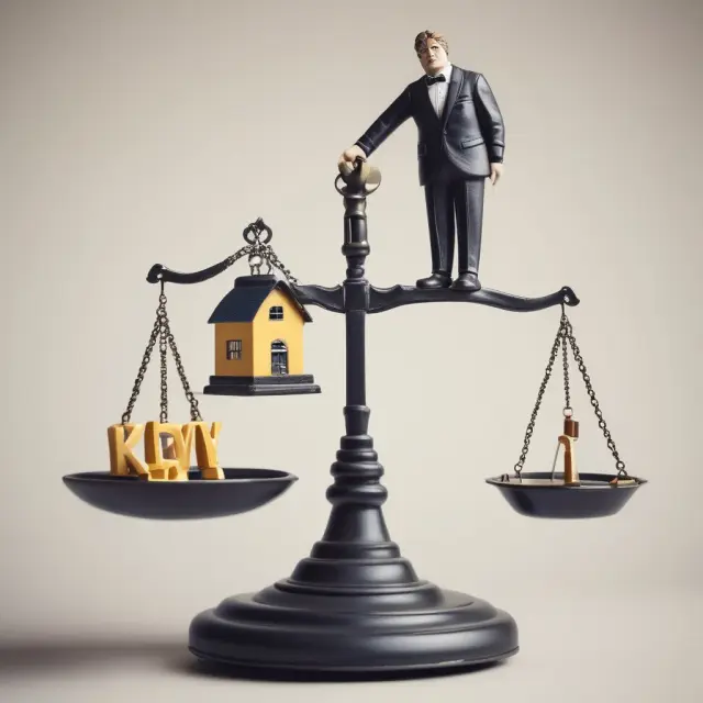 Seller hands keys to buyer on a balance scale, representing the exchange of property ownership and financing in a purchase-money mortgage