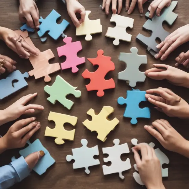 Seller providing mortgage puzzle pieces symbolizing flexible criteria and payment plans to a diverse group of buyers