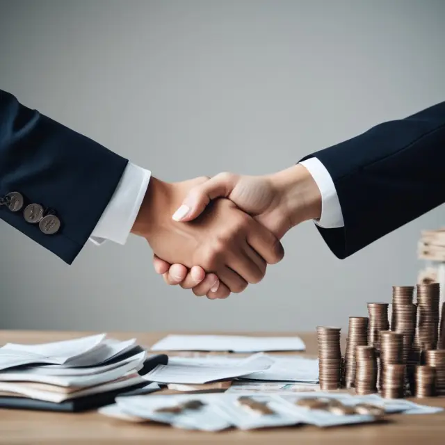 Buyer and seller shaking hands with a stack of savings representing the elimination of intermediaries and resulting cost savings in purchase-money mortgage transactions.