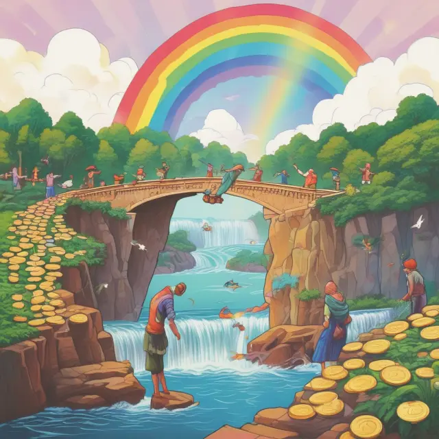 Image: A seller collecting gold coins from a continuous stream of buyers under a rainbow bridge, illustrating the benefits of increased cash flow through purchase-money mortgages.