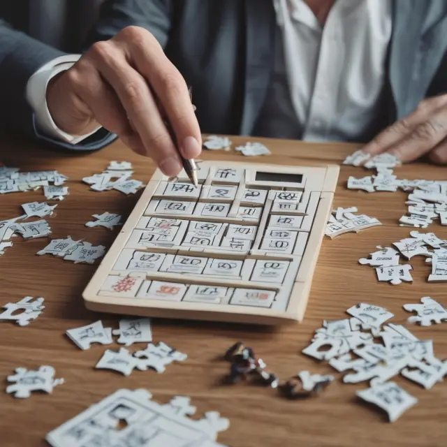 Seller working on a jigsaw puzzle with property titles and a tax calculator, symbolizing managing risks in offering a purchase-money mortgage.