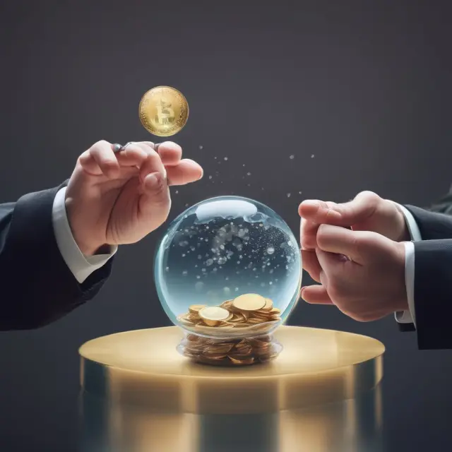 An investor holding a crystal ball filled with water symbolizes unrealized gains, while golden coins poured from it illustrate realized gains in tax context