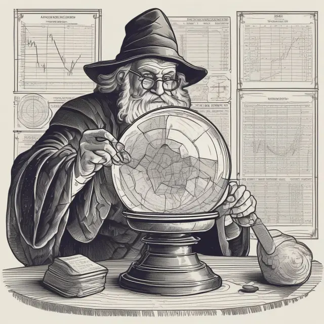 Financial wizard evaluates investment costs using crystal ball filled with charts. Cost basis calculation, purchase price, taxes.