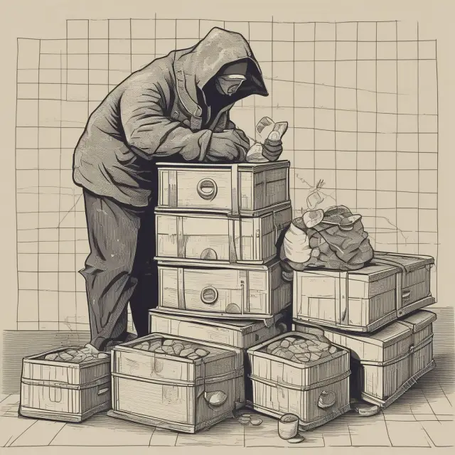 Image: A thief steals gold coins from the Purchasing Power chest as inflation increases, depicted in a chart.
