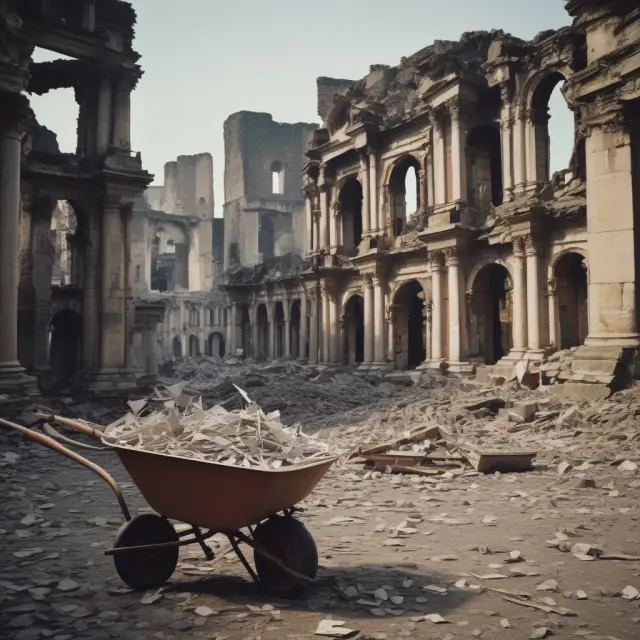 Wheelbarrow filled with German marks symbolizing hyperinflation and purchasing power loss. Ancient city ruins in the background highlighting economic devastation.