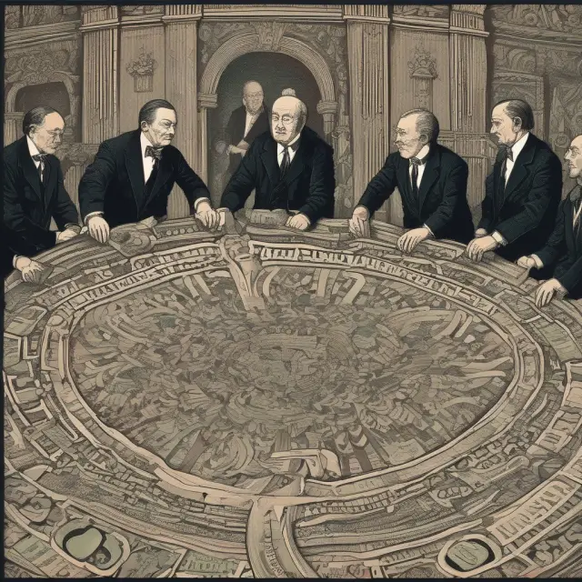 Central bankers working together on a large tapestry, each adjusting a thread representing interest rates for various currencies in pursuit of maintaining purchasing power.