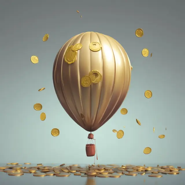 Gold coins submerging in a balloon with falling air representing deflation