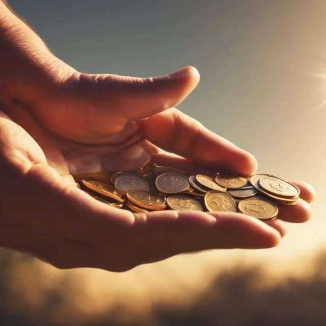 An elderly person holding a handful of coins as the sun sets, symbolizing the impact of inflation on retirees