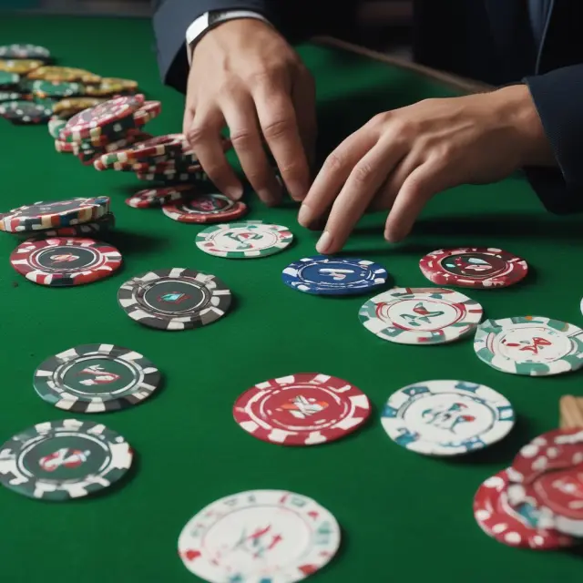 Trader comparing PB and PE ratios of four pure play gaming stocks, represented by poker chips. Simplified analysis on a green felt table with financial data in the air.