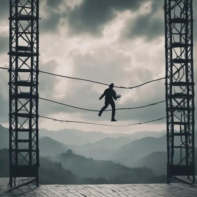 A person balancing on a tightrope representing pure risks: personal (backpack), property (house), and liability (legal scales)