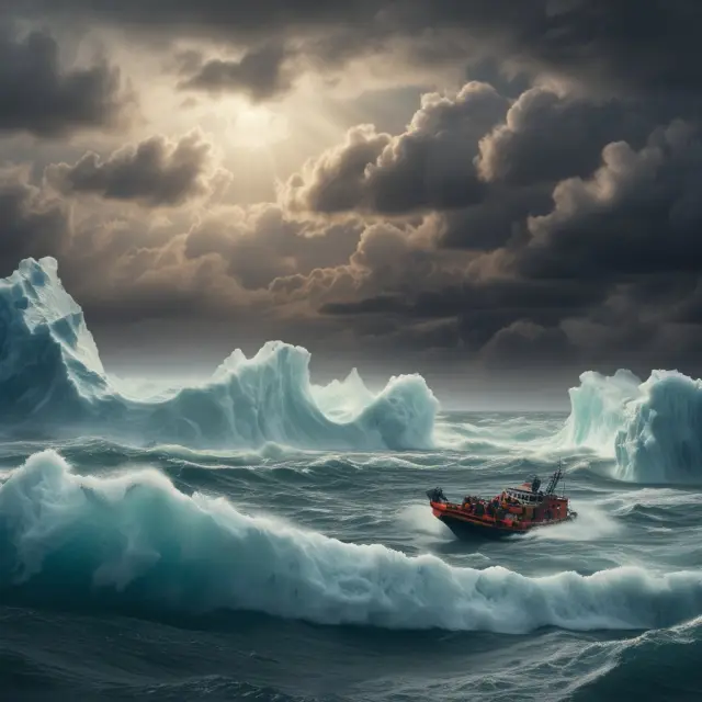 Person in a boat faces dangerous icebergs, representing pure risks, while holding onto lifeboats symbolizing insurance policies for protection