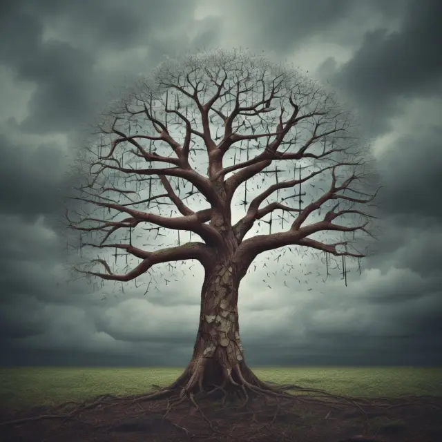 A resilient tree braving a storm of insurance symbols, representing the protection against liability risks
