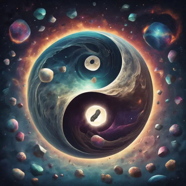A dynamic image of dice representing pure risks tumbling within a cosmic yin-yang symbol, demonstrating insurability and risk pooling