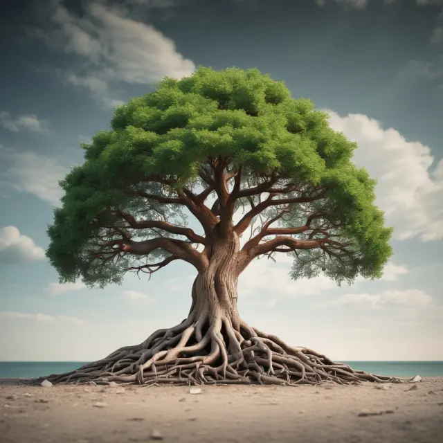 Visual representation of two trees merging through intertwined roots symbolizing pushdown accounting and harmonized financial statements