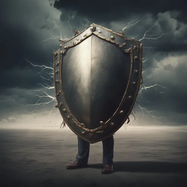 A shield made of a put option contract in a turbulent stock market scene. This metaphorically represents the protection provided by put options against potential losses.