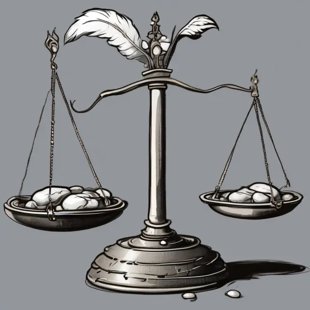 A balance scale with call options represented as feathers and put options represented as stones, symbolizing market equilibrium through the Put-Call Parity principle.