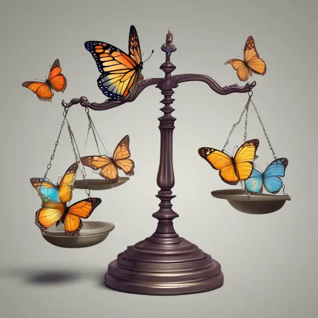 Butterflies representing call and put options on a balance scale, symbolizing market equilibrium