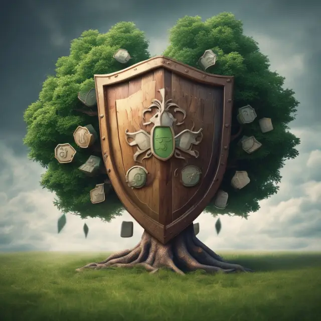Image of a shield with call and put symbols, representing protective puts, guarding a growing tree (underlying asset) against financial storms