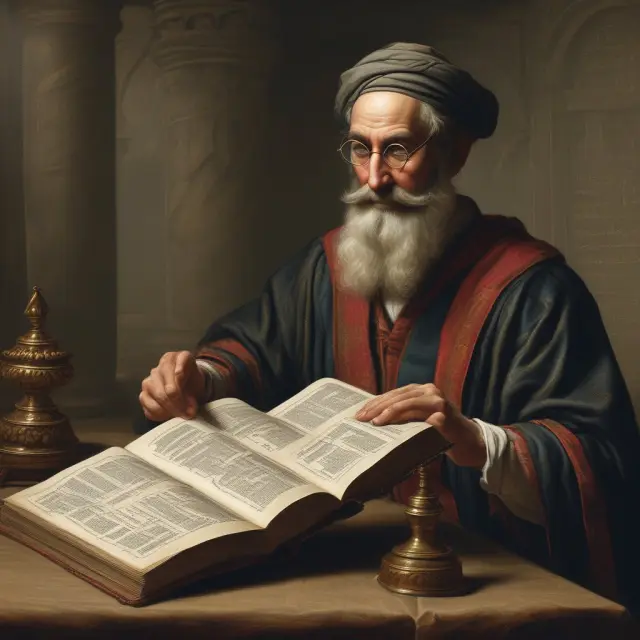 Scholar studying put-call parity formulas in ancient book for options trading insights