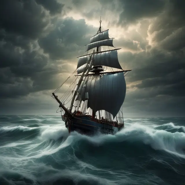 A hand holding a shield with an image of a put option symbol on it, sailing through stormy financial seas. Below: 