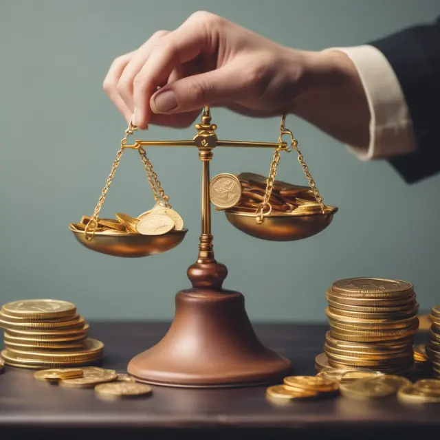 A portfolio manager holding golden coins, each labeled with Price Value of a Basis Point, on a scale to assess bond risk and optimize portfolio size