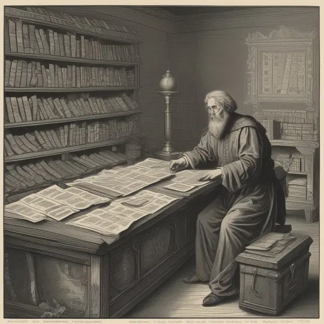 An ancient librarian consults a PVIF table filled with scrolls of various interest rates and time periods, symbolizing the use of this essential financial tool for calculating present values.