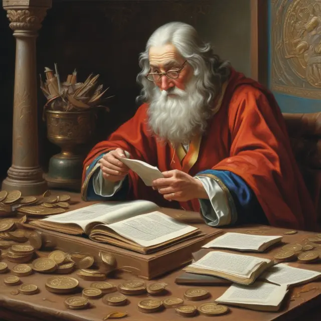 An ancient scholar calculating the present value interest factor (PVIFA) of an annuity due with a quill pen and parchment, surrounded by golden coins representing annuity payments.