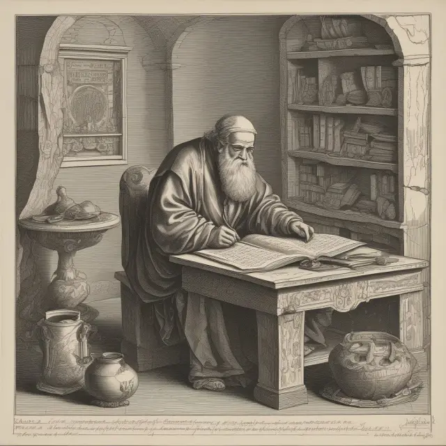 An ancient scholar meticulously calculates the Present Value Interest Factor of an Annuity using a large wooden desk adorned with tables and mathematical paraphernalia