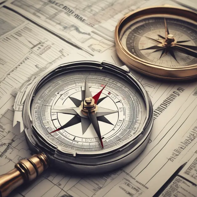 A compass with financial charts navigating towards an open book signifying SEC documents and a stack of industry reports