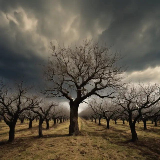 Image of a stormy sky casting long shadows over a once vibrant orchard, representing the devastating effect of bankruptcies on investors