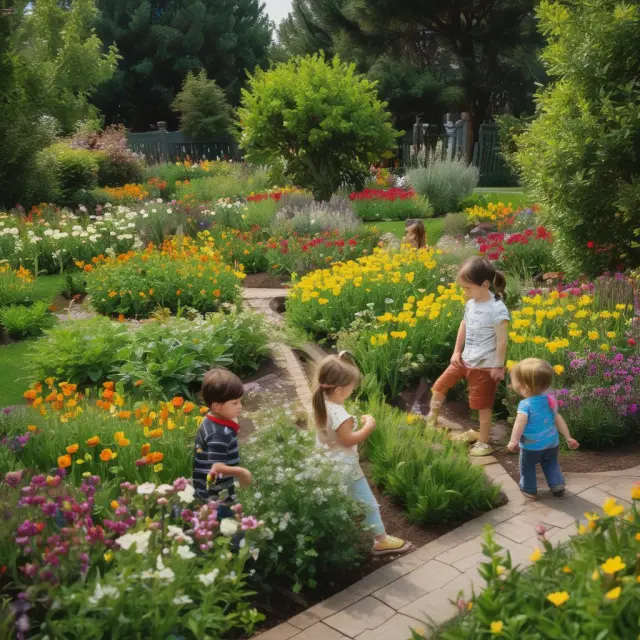Blooming garden filled with diverse children: some young and others with disabilities, reflecting QAE eligibility.