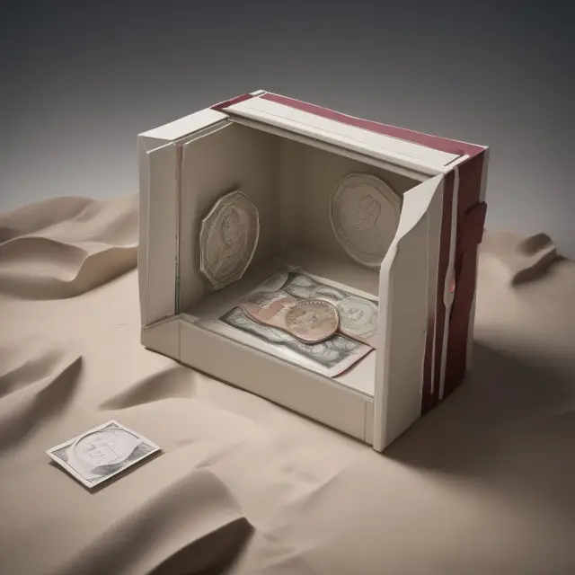 A time capsule opening to reveal the historical transformation of currencies in Qatar, culminating in the Qatari Riyal