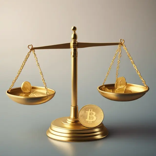 A golden dollar and Qatari riyal balanced on a scale, representing the fixed exchange rate between USD and QAR.