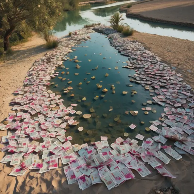 Qatari Riyal riverbank with various denominations, including banknotes and coins, reflecting on a calm pond while showcasing their intricate designs and security features
