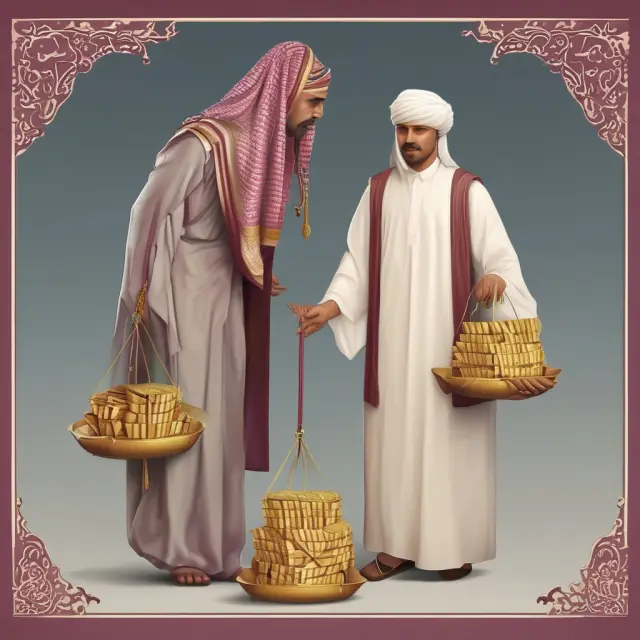 Ancient merchant weighing QAR (Qatari Riyal) symbols on a scale to represent frequently asked questions and their answers