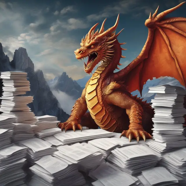 Dragon symbolizing SAFE reviews applications, sitting on a mountain of documents with Chinese flag and QDII in the background