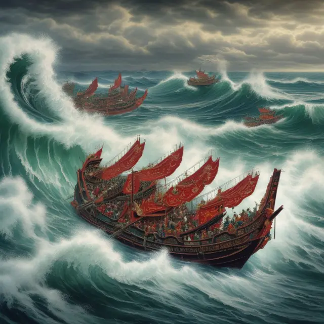 A stormy sea calms to reveal dragon boats, representing the Chinese stock market