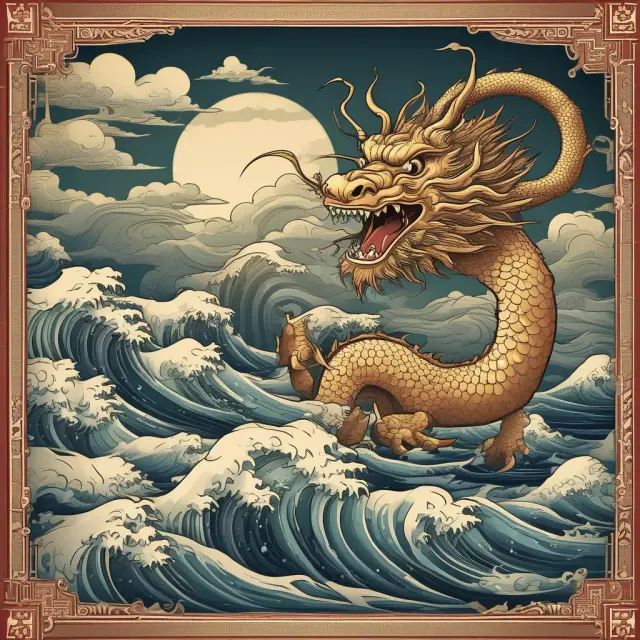 An ancient Chinese dragon symbolizes QDII programs, releasing waves of currency across the sea to represent their ever-evolving role in outbound investment
