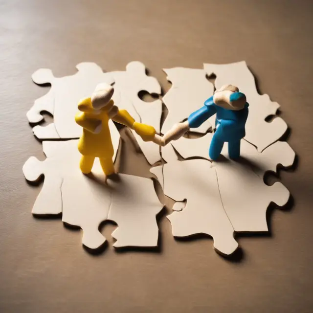 Divorcing couple discussing QDRO terms - Heart-shaped puzzle with interconnected golden rods representing retirement assets.