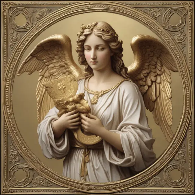 A guardian angel safeguards a group of dependents as they gather around a golden QDRO scroll, symbolizing the financial security that QDROs provide for those who might otherwise be at risk.