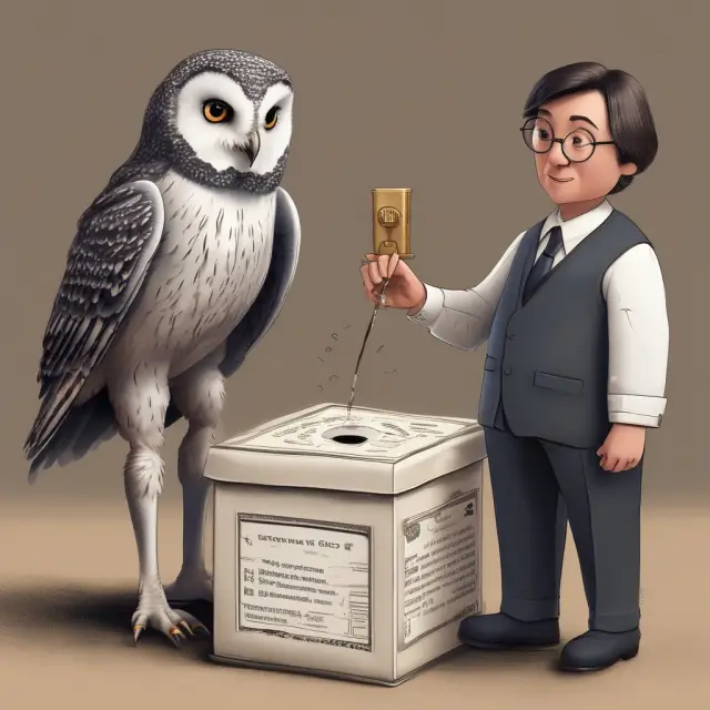 An investor hands over the key to their relinquished property to an owl intermediary, who holds it in a time capsule alongside tax codes, while receiving the key to their replacement property.