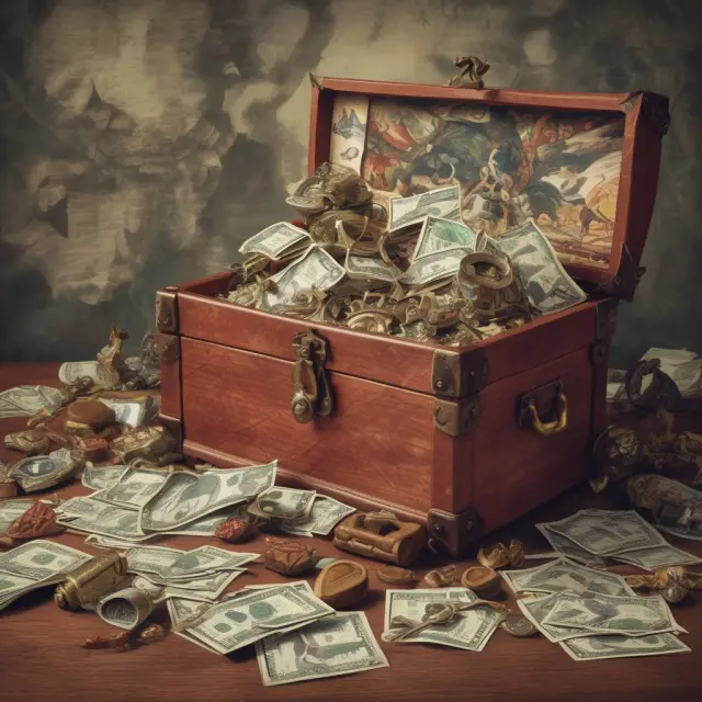 A prosperous individual, embodying the financial requirements for QEP status, opens a chest filled with intricate investment vehicles like hedge funds and futures contracts